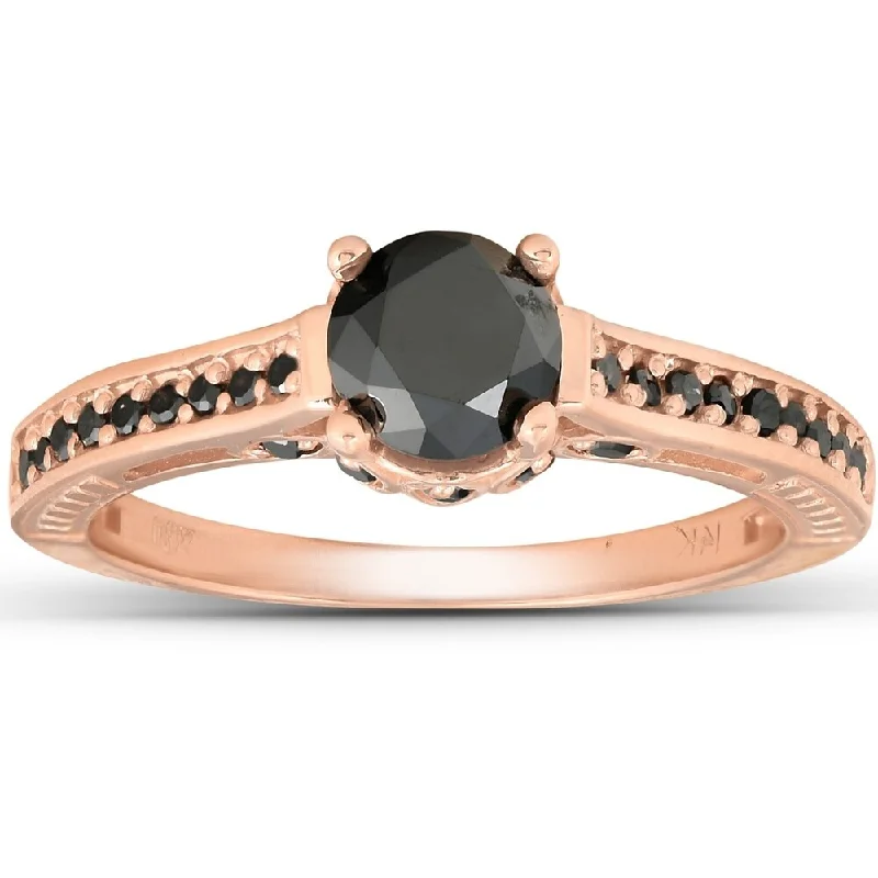 Ladies engagement rings with floral designs-Pompeii3 14k Rose Gold 1 1/4ct TDW Black Diamond Vintage Engagement Ring