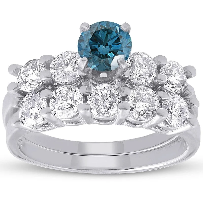 Ladies custom engagement rings-Pompeii3 14k White Gold 2 1/2ct TDW Blue & White Diamond Engagement Wedding Ring Set 14k White Gold