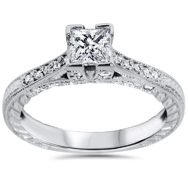 Ladies two-tone engagement rings-14k White Gold 1 1/10ct TDW Princess-cut Diamond Vintage Engagement Ring