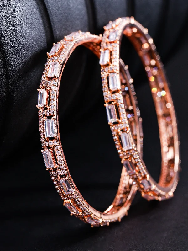 Ladies stackable bangles-Priyaasi Women Set Of 2 Rose Gold-Plated American Diamond Studded Geometric Patterned Bangles