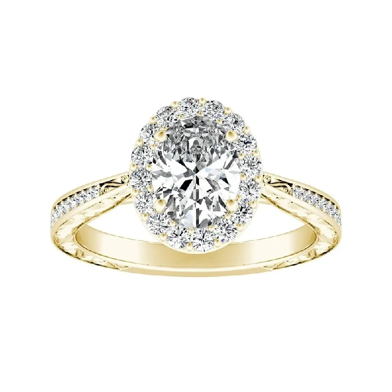 Ladies double band engagement rings-Vintage Oval-cut 3/4ctw Halo Diamond Engagement Ring 18k Gold by Auriya