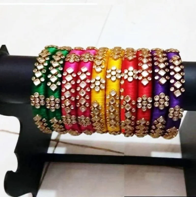 Ladies luxury bracelets-Multi Color Stoned Designer Silk Threaded Bangles Set of 5