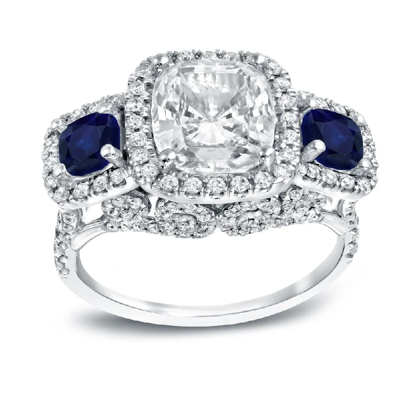 Ladies vintage-style engagement rings-Auriya 1ct Sapphire and 4ctw 3 Stone Halo Cushion Cut Diamond Engagement Ring 18k White Gold