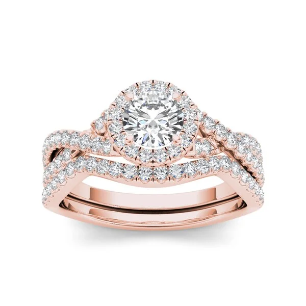 Ladies halo diamond engagement rings-De Couer 14k Rose Gold 1ct TDW White Diamond Twist Shank Engagement Ring Set