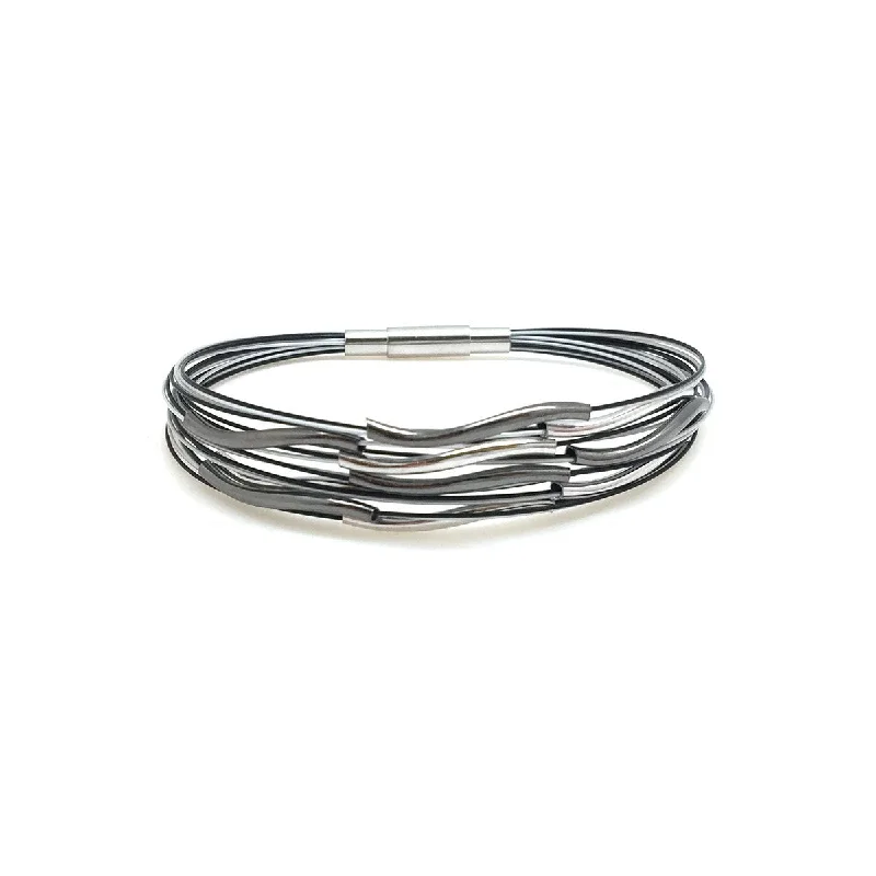 Ladies silver bangles-Black & White Wavy Bracelet