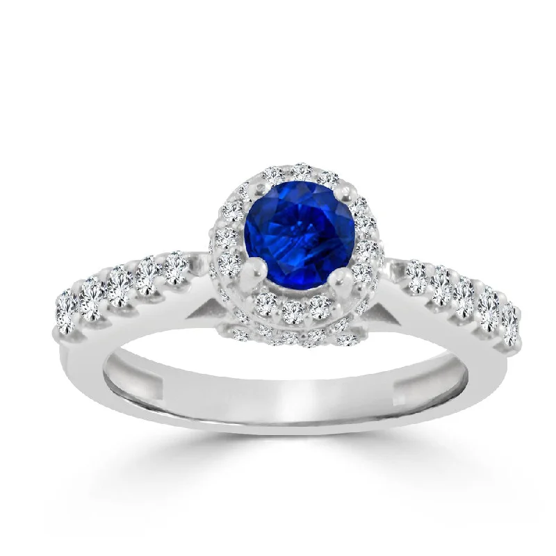 Ladies halo engagement rings with diamonds-14k Gold 2/5ct Blue Sapphire and 3/5ct Diamond Halo Engagement Ring by Auriya