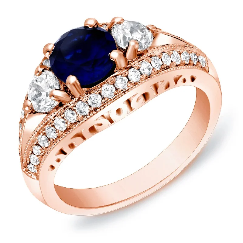 Ladies rose gold diamond engagement rings-Auriya Vintage 3-Stone 1ct Blue Sapphire and 1/2ct TDW Diamond Engagement Ring 14k Rose Gold