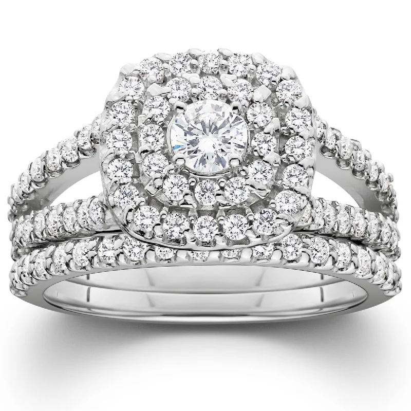 Ladies diamond engagement rings with side accents-1 1/10ct Diamond Cushion Halo Engagement Wedding Ring Set White Gold