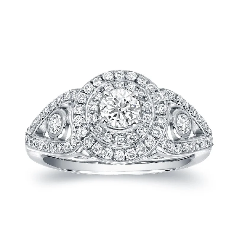 Ladies art deco engagement rings-Auriya Fancy 1 1/10ct TDW Round Halo Diamond Engagement Ring 14k White Gold