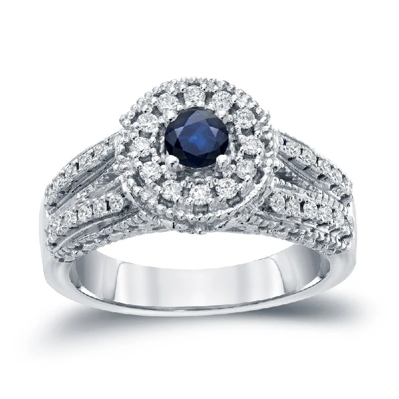 Ladies split-shank engagement rings-Auriya Vintage 1/5ct Blue Sapphire and 1/2ctw Halo Diamond Engagement Ring 14kt Gold Split Shank (H-I, I1-I2)