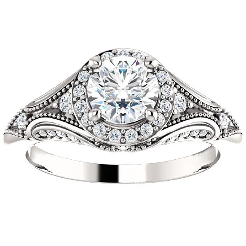 Ladies split-shank engagement rings-G/SI 1ct Vintage Diamond Engagement Halo Ring Enhanced 14k White Gold