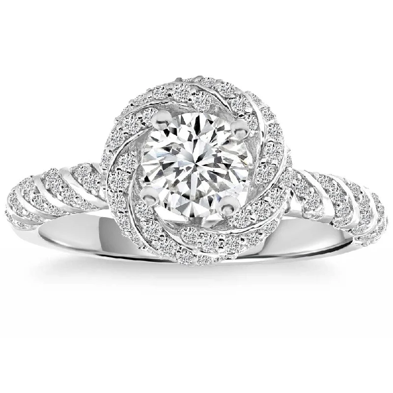 Ladies round diamond engagement rings-Certified 1.20Ct Diamond Engagement Ring White Gold Lab Grown Twist Vine Band