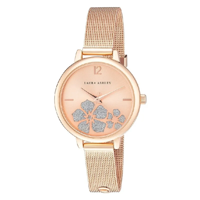 Ladies pearl bangles-Laura Ashley Women's Sunray Floral Stone Dial Mesh Bracelet Watch 34mm - 5 Colors Available