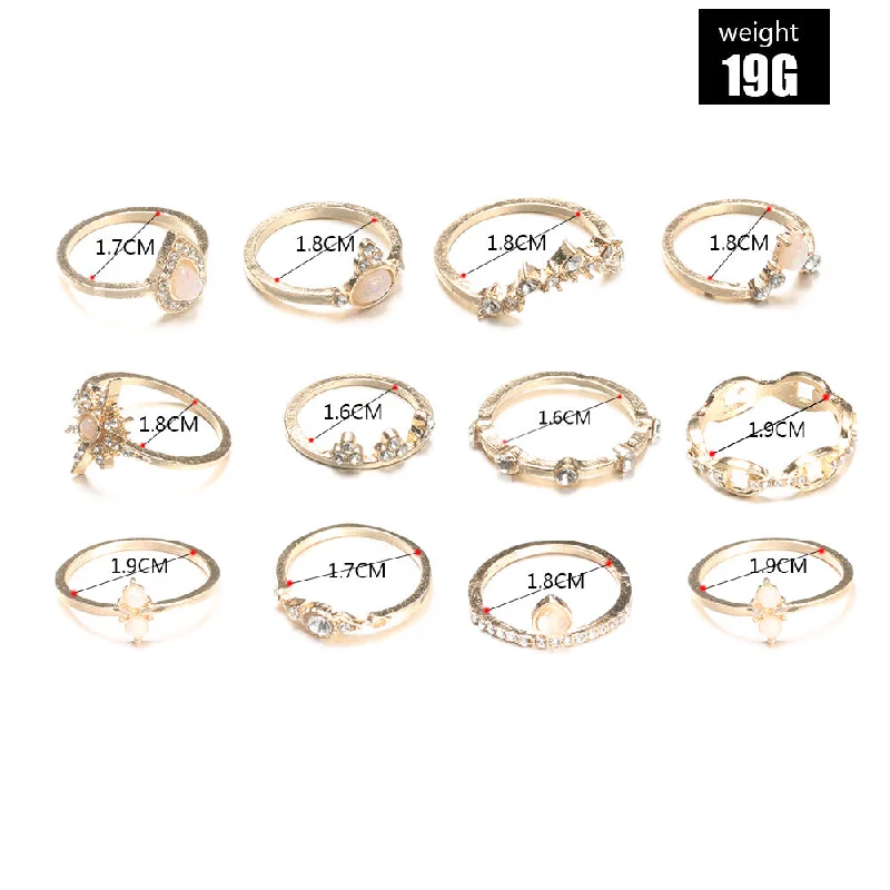 Ladies round-cut rings-Fashion Geometric Imitation Opal Rhinestone Inlaid 12-piece Ring