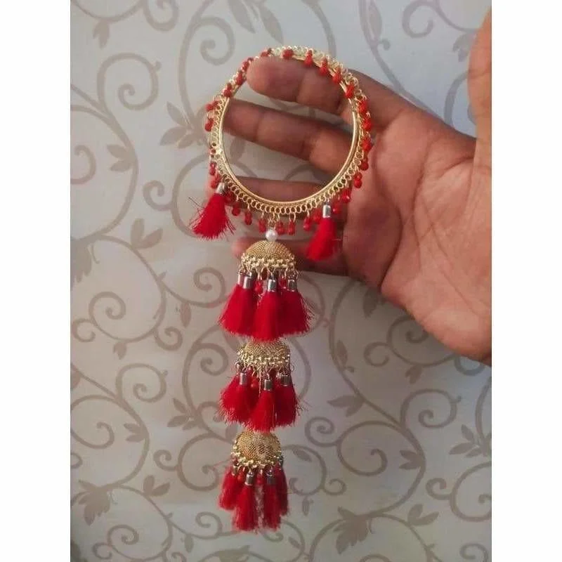 Ladies personalized gold bangles-MS Fashion India Red Color Threads And Pearls With Hanging Jhumkas Bangles