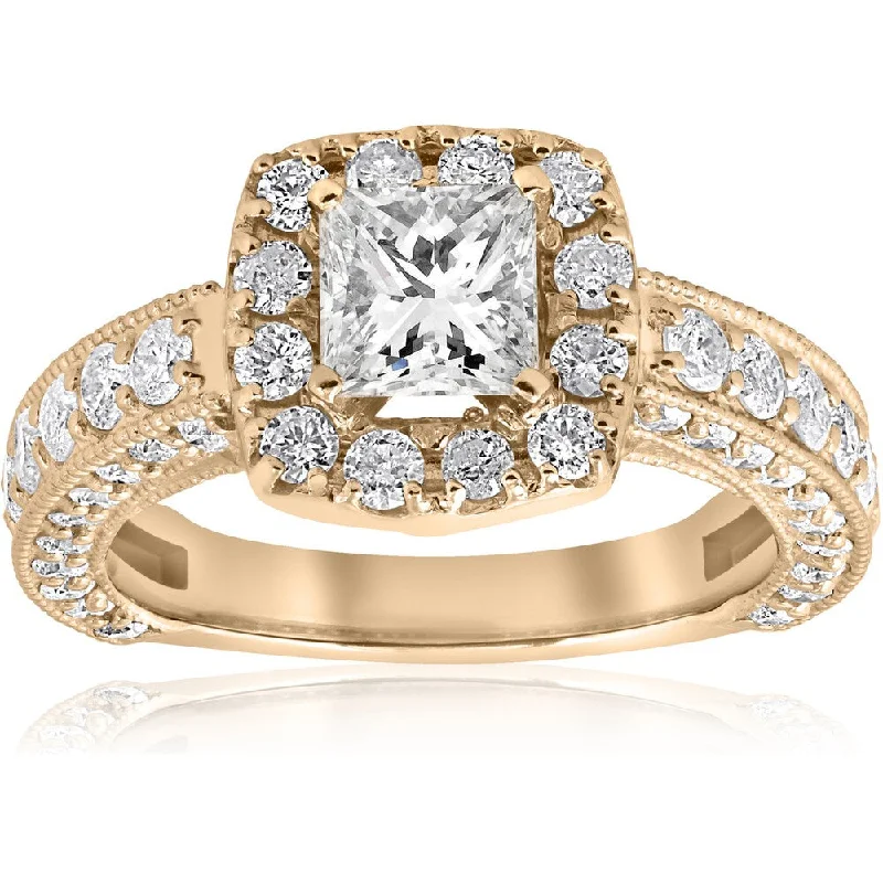 Ladies engagement rings with intricate designs-14k Yellow Gold 2 1/3ct Princess Cut Diamond Clarity Enhanced Engagement Ring Cushion Halo (I-J, I2-I3) - White