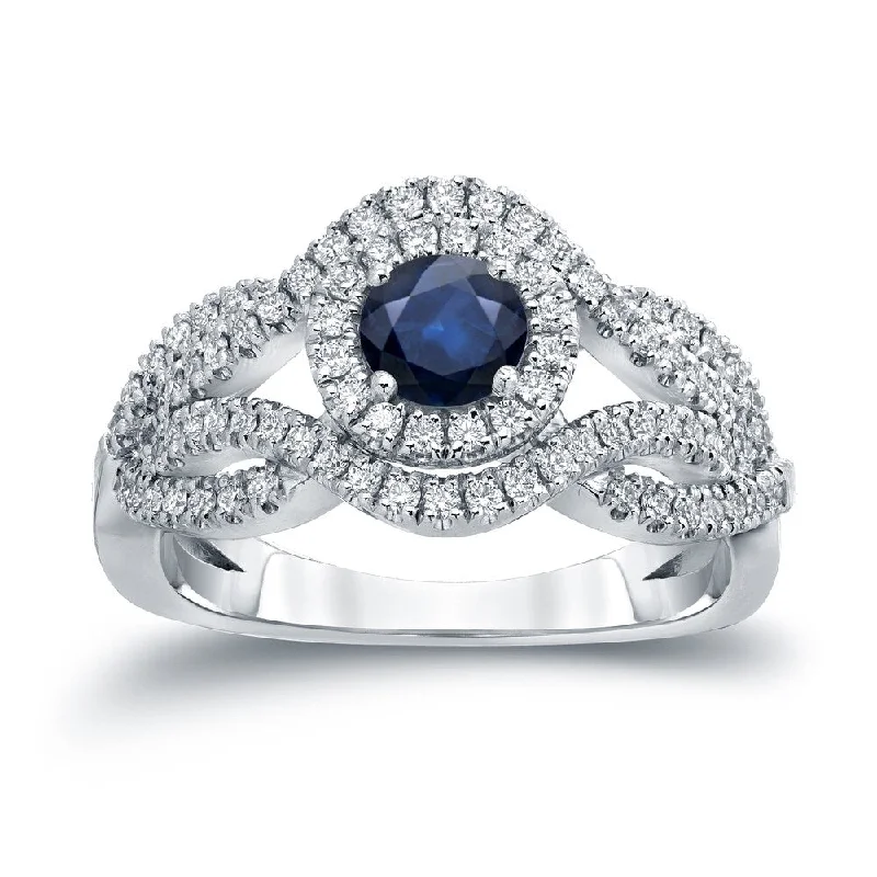 Ladies heart-shaped engagement rings-Auriya Infinity 1/2ct Round Blue Sapphire and 1/2ct TDW Diamond Halo Engagement Ring 14k Gold