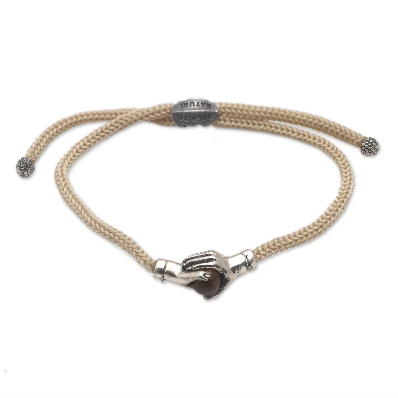 Ladies boho bracelets-Novica Handmade Silver Beige Handshake Sterling Silver And Tiger'S Eye Unity Bracelet