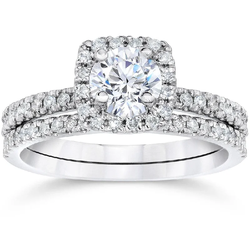 Ladies engagement rings with sapphires-10k White Gold 5/8ct TDW Engagement Cushion Halo Wedding Ring Set