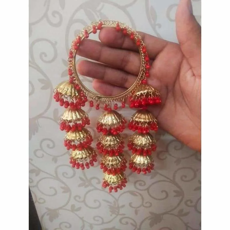 Ladies chunky bracelets-MS Fashion India Gold Color With Red Pearls Jhumkas Latkan Bangles