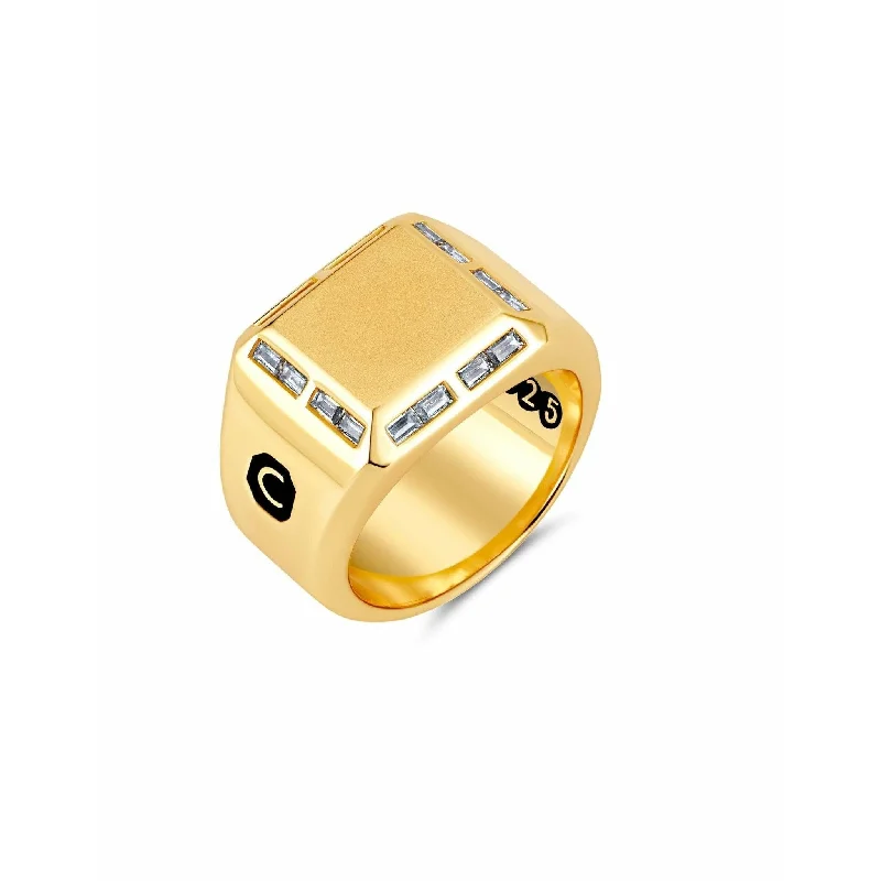 Ladies wedding rings with diamonds-CRISLU Mens Large Signet Ring with Baguette CZ Finished in 18KT Yellow Gold