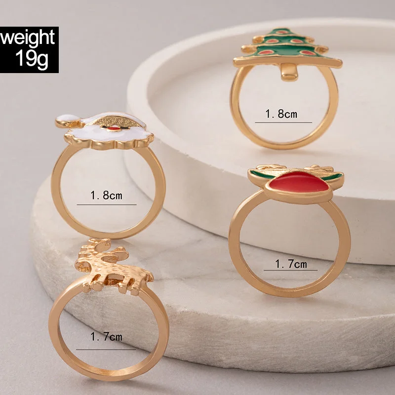 Ladies unique rings-European And American Cross-border New Christmas Oil Drop Ring Four-piece Set Of Elk Geometric Ring Set