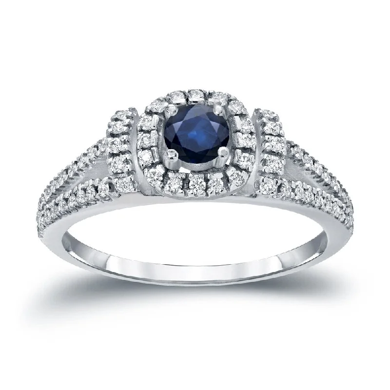 Ladies engagement rings with mixed metals-Round 1/5ct Blue Sapphire and 1/3ct TDW Diamond Halo Engagement Ring in 14k Gold by Auriya