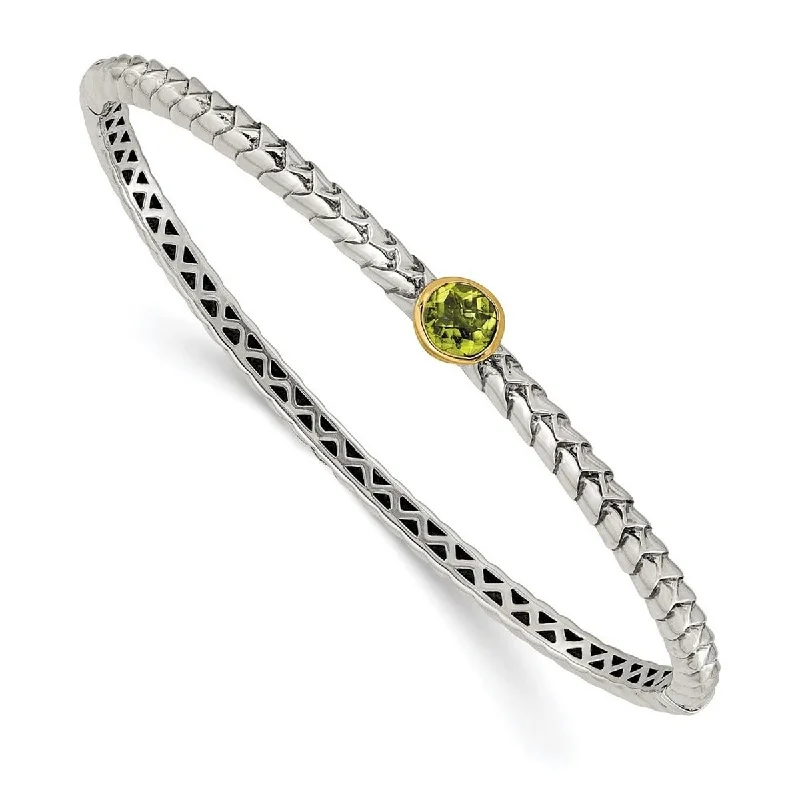 Ladies gold cuff bracelets-Curata 925 Sterling Silver Bezel Polished Box Catch Closure 14k Yellow 6mm Peridot Hinged Cuff Stackable Bangle Bracelet