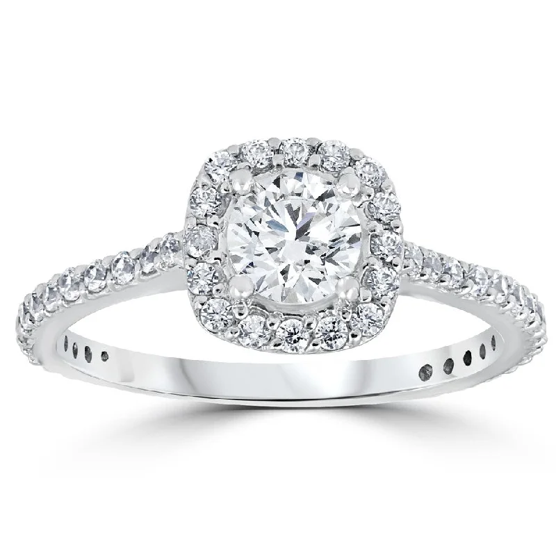 Ladies antique engagement rings-Pompeii3 Platinum 1 ct TDW Diamond Cushion Halo Engagement Ring