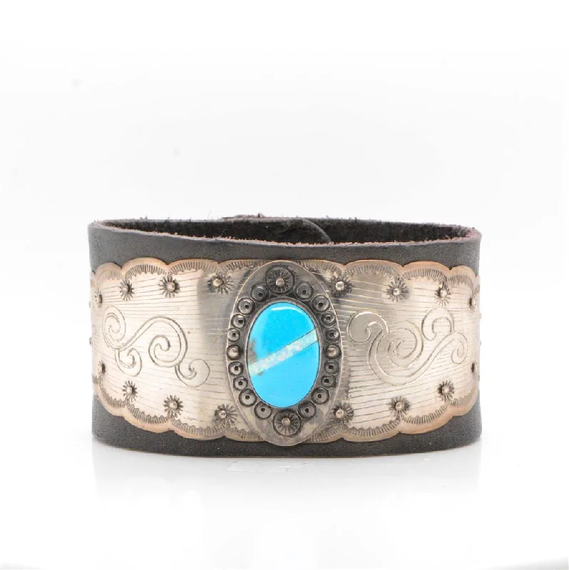 Ladies rose gold cuff bracelets-Black Leather Bracelet Accented With A Hand Engraved and Stamped Silver Design