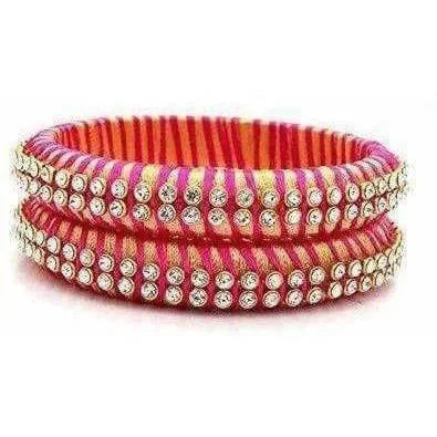 Ladies fashion stacking bangles-Pink Color Threaded and White Stone Bangles - Set of 2 Bangles