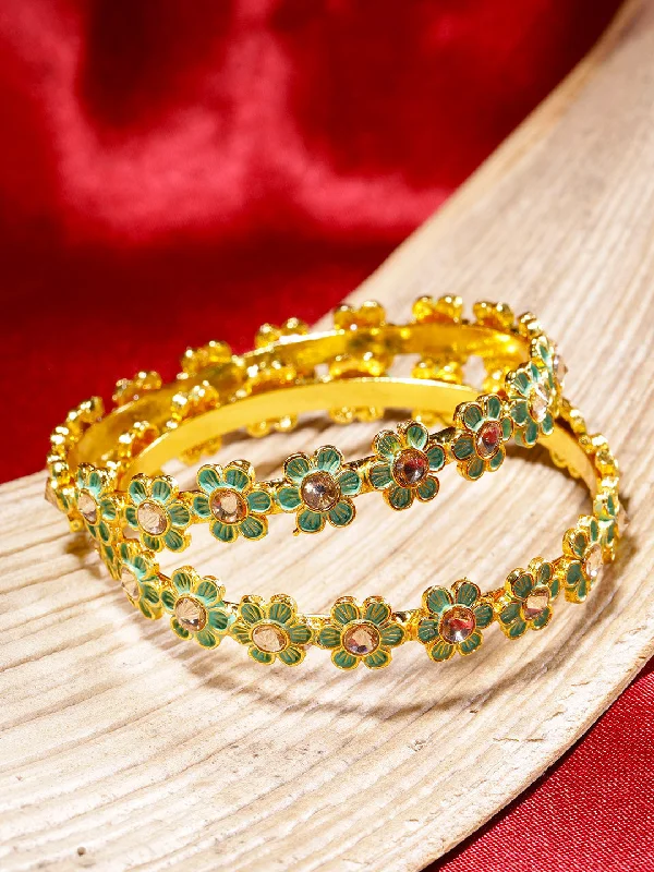 Ladies sparkling bracelets-Priyaasi Women Set of 2 Gold-Plated Stones Studded, Green Meenakari Bangles in Floral Pattern