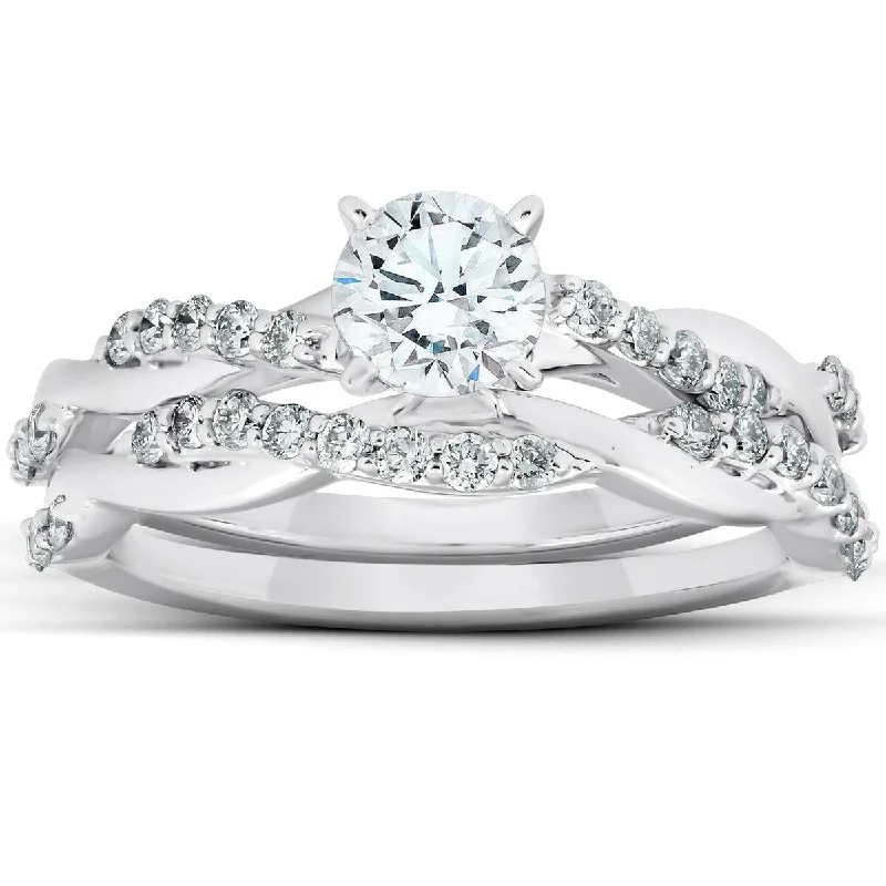 Ladies engagement rings with floral designs-3/4Ct Diamond Infinity Engagement Ring Set 14k White Gold Maching Wedding Band