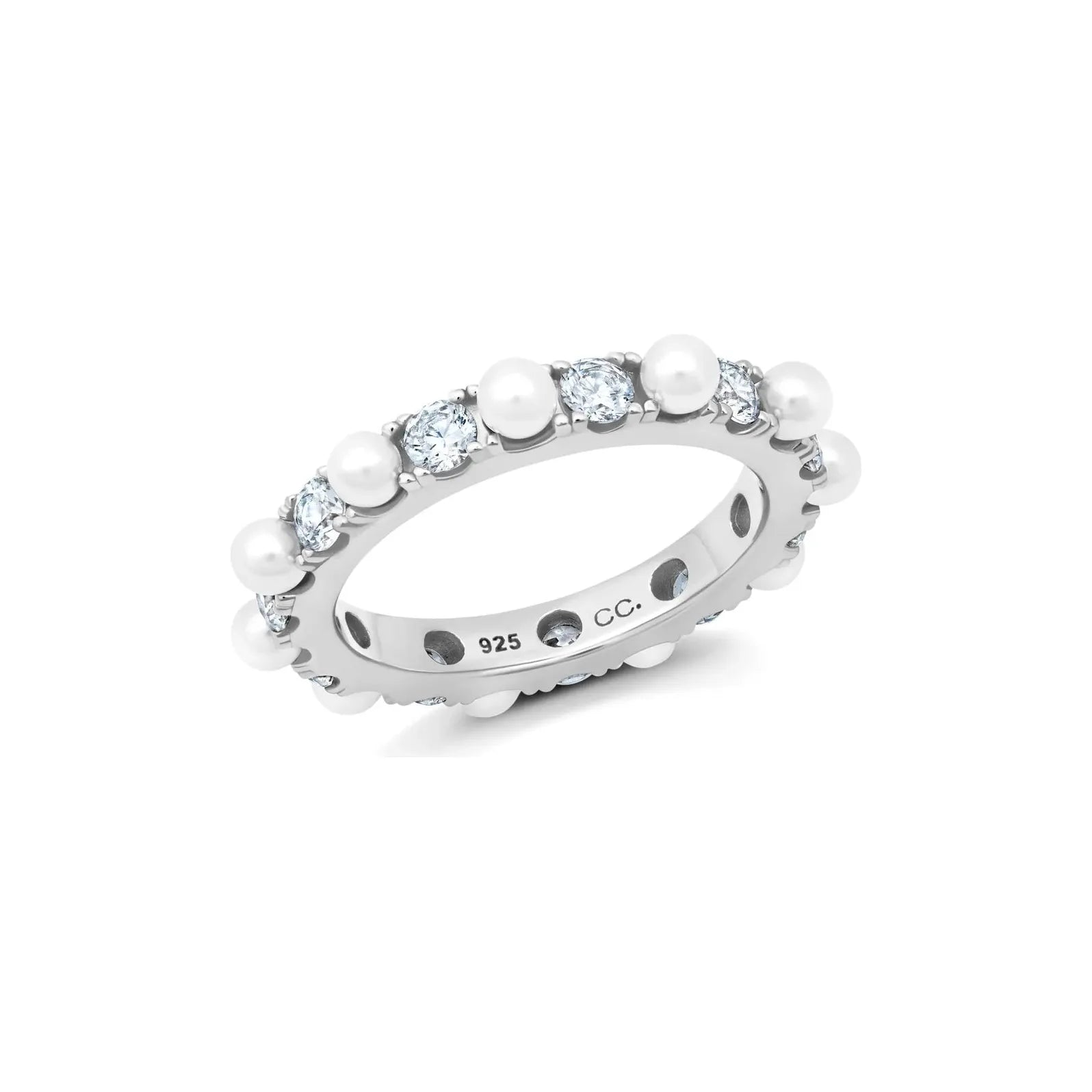 Ladies promise rings for her-CRISLU Pearl and Round Brilliant Cut Eternity Ring