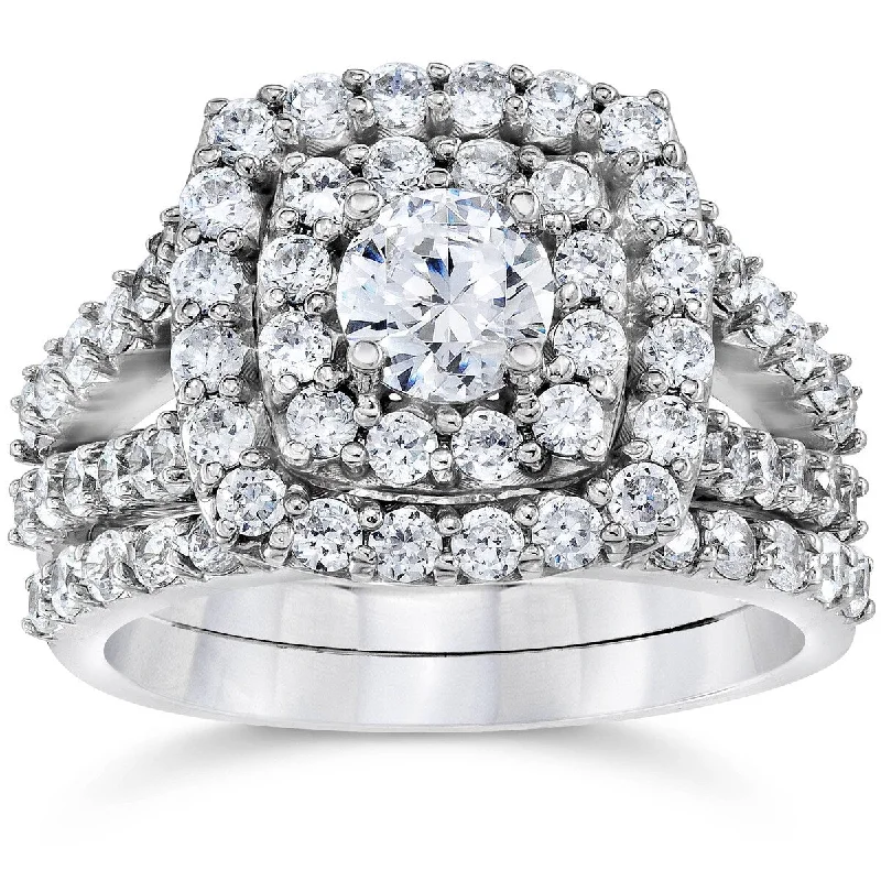 Ladies halo diamond engagement rings-2 Ct TW Diamond Engagement Cushion Halo Engagement Ring Set White Gold Lab Grown