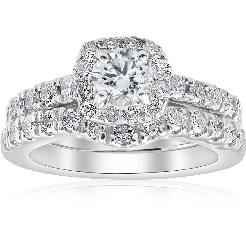 Ladies minimalistic engagement rings-1 1/10Ct TDW Cushion Halo Engagement Wedding Ring Set 14k White Gold Lab Grown