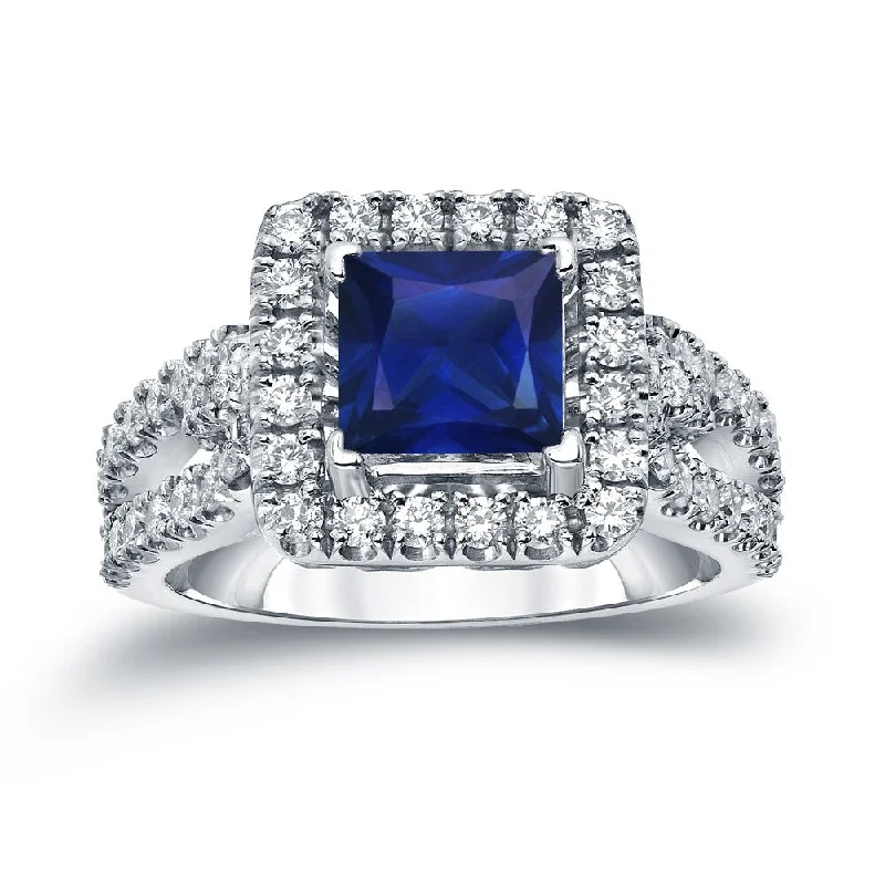 Ladies engagement rings with colored diamonds-Auriya 1ct Princess Cut Blue Sapphire and 3/4ctw Halo Diamond Engagement Ring 14k Gold (H-I, SI1-SI2)