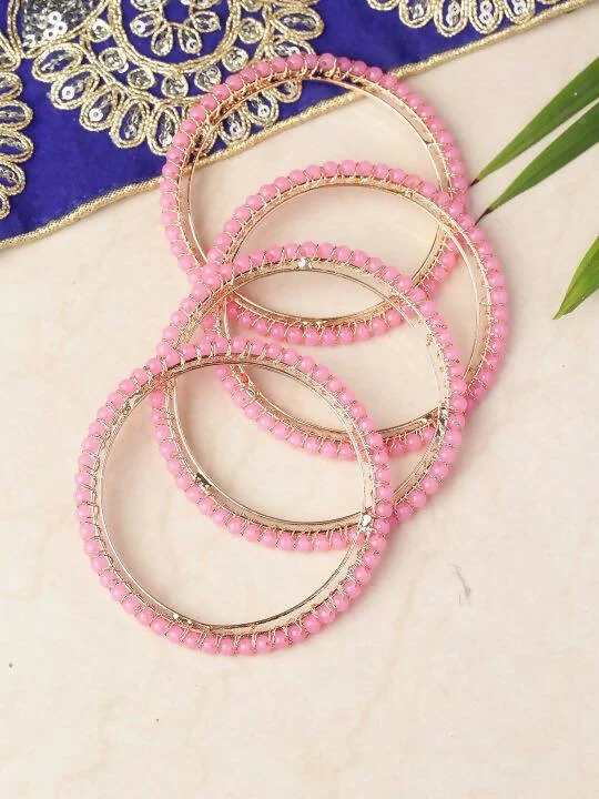 Ladies beaded bracelet sets-Priyaasi Women Set Of 4 Gold-Plated Pink Beaded Bangles