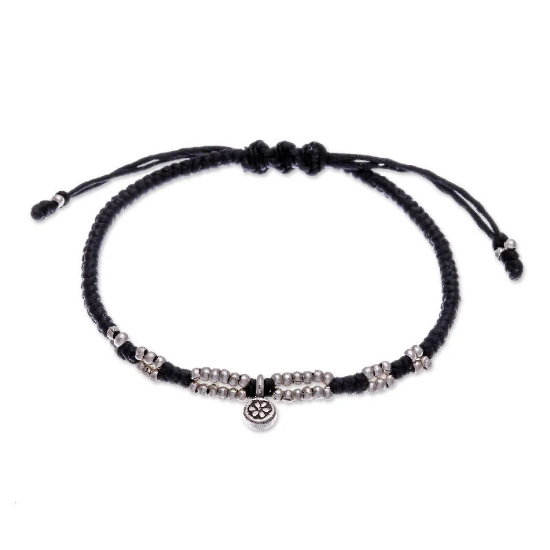 Ladies gold-plated bracelets-Novica Handmade Petite Flower In Black Silver Pendant Macrame Bracelet