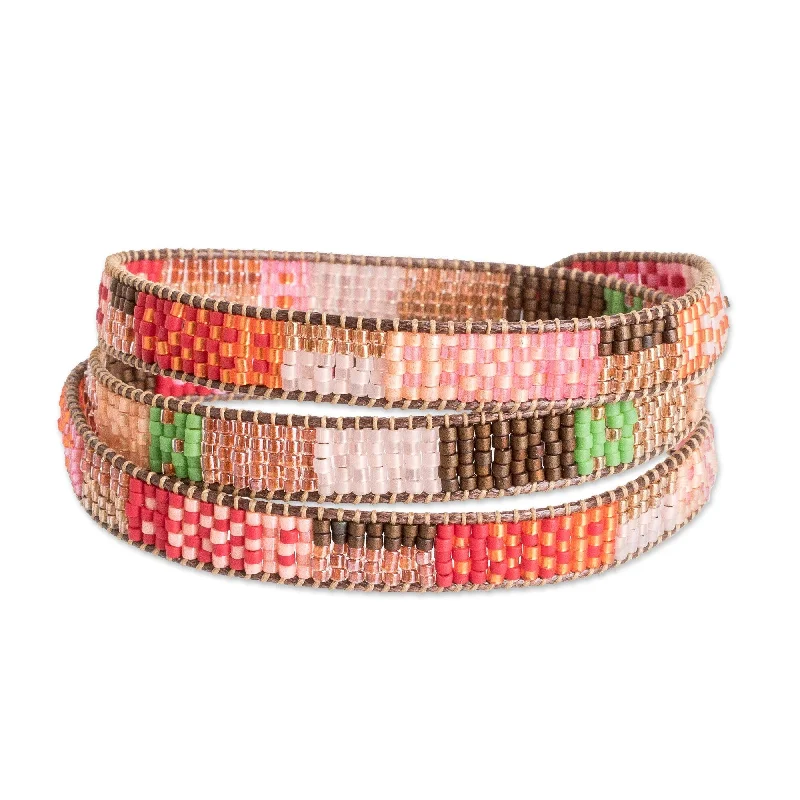 Ladies rose gold bangles-Novica Handmade Geometric Innovation Glass Beaded Wrap Bracelet