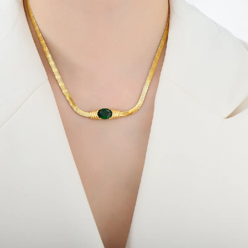 P1496-Gold Green Glass Stone Necklace-41+5cm