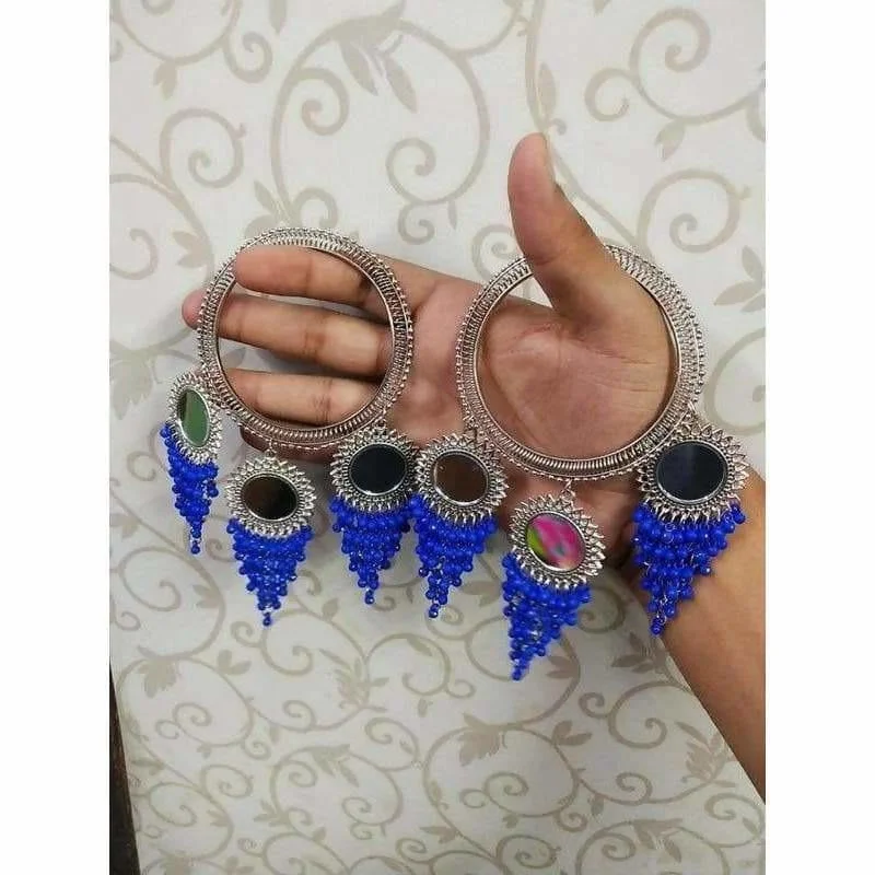 Ladies silver bangles-MS Fashion India Blue Pearls With Mirror Latkan Bangles