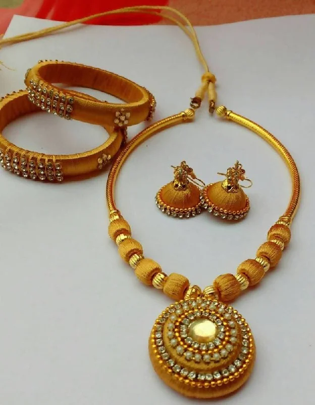 Ladies long silver bracelets-Silk Threaded Gold Color Beads with Necklace Set, Earrings And Bangles