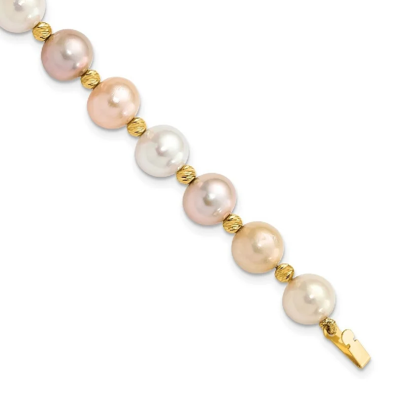 Ladies gemstone charm bracelets-Curata 14k Yellow Gold 8 9mm Semi round Pink Purple White Fwc Pearl Sparkle Cut Beaded Bracelet 7.5 Inch