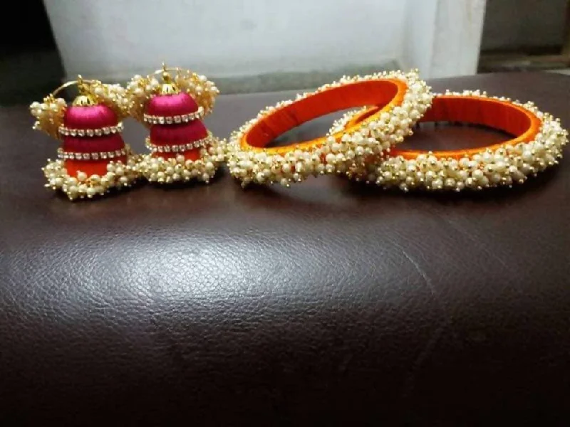 Ladies bangles-Pearl Silk Threaded Jumka Earrings And Bangles Set