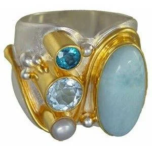 Ladies pink sapphire rings-Michou  Sterling Silver & Gold Larimar Vermeil Ring - Poseidon's Treasures Collection