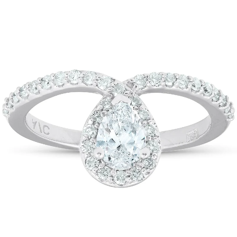 Ladies vintage-inspired diamond engagement rings-3/4 Ct Pear Shape Halo Diamond Twist Engagement Ring 14k White Gold