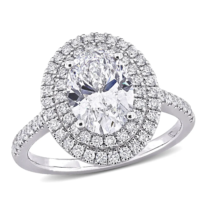 Ladies engagement rings with rose cut diamonds-Created Forever by Miadora 2 1/2ct TW Oval Lab-Grown Diamond Double Halo Engagement Ring in 14k White Gold