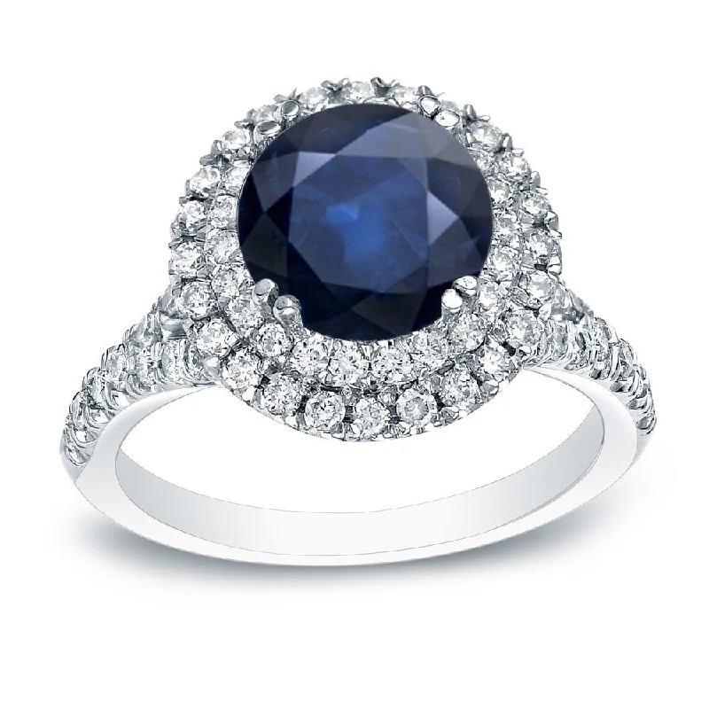 Ladies engagement rings with colored diamonds-Auriya Platinum 1ct Blue Sapphire and 3/5ct TDW Halo Diamond Engagement Ring (H-I, SI1-SI2)