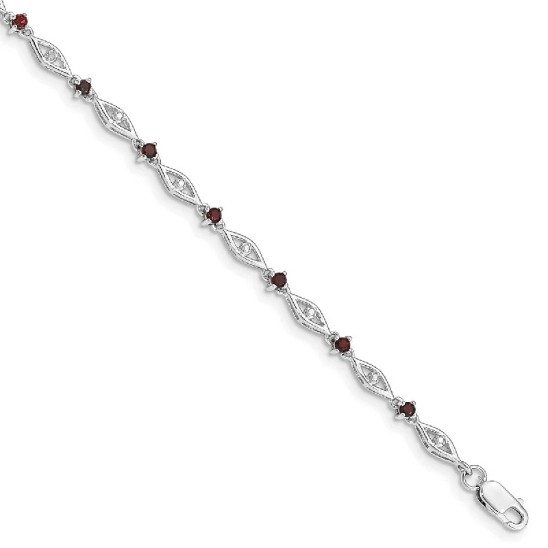 Ladies custom bracelets-Curata 925 Sterling Silver Polished Open back Lobster Claw Closure Garnet Diamond Bracelet